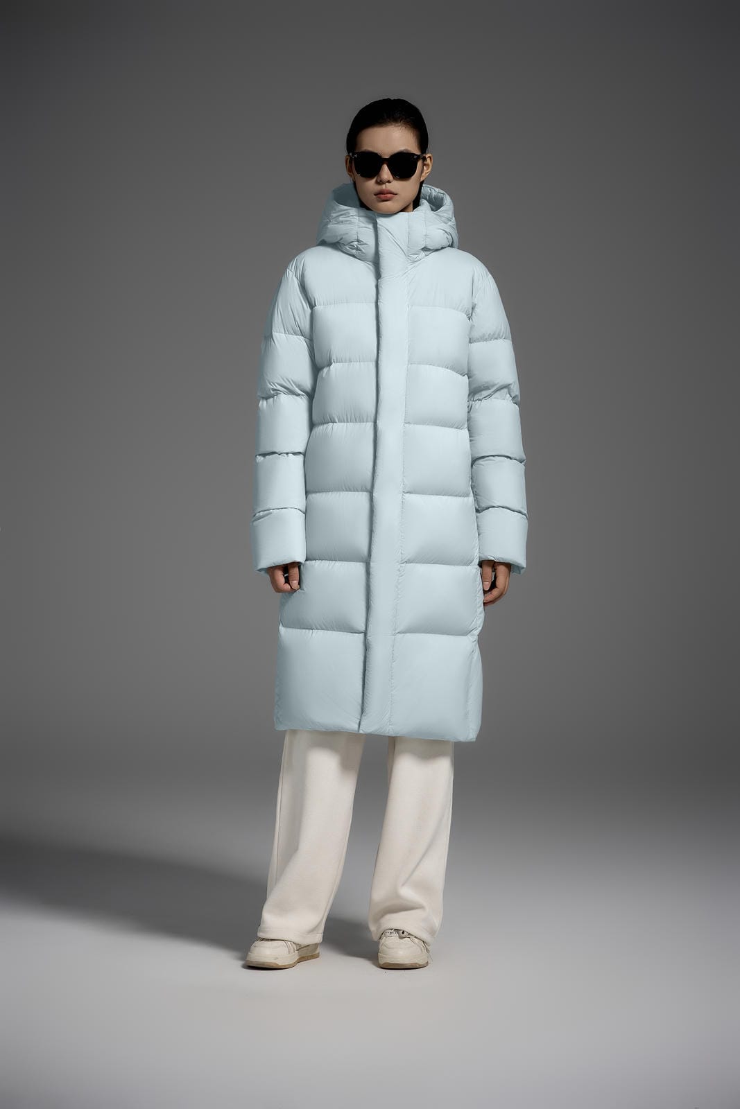 Long Duck Down Jacket With 7  horizontal baffles Hooded Warm Puffy Unisex Women Black White Grey Easy Clean 850FP model2360