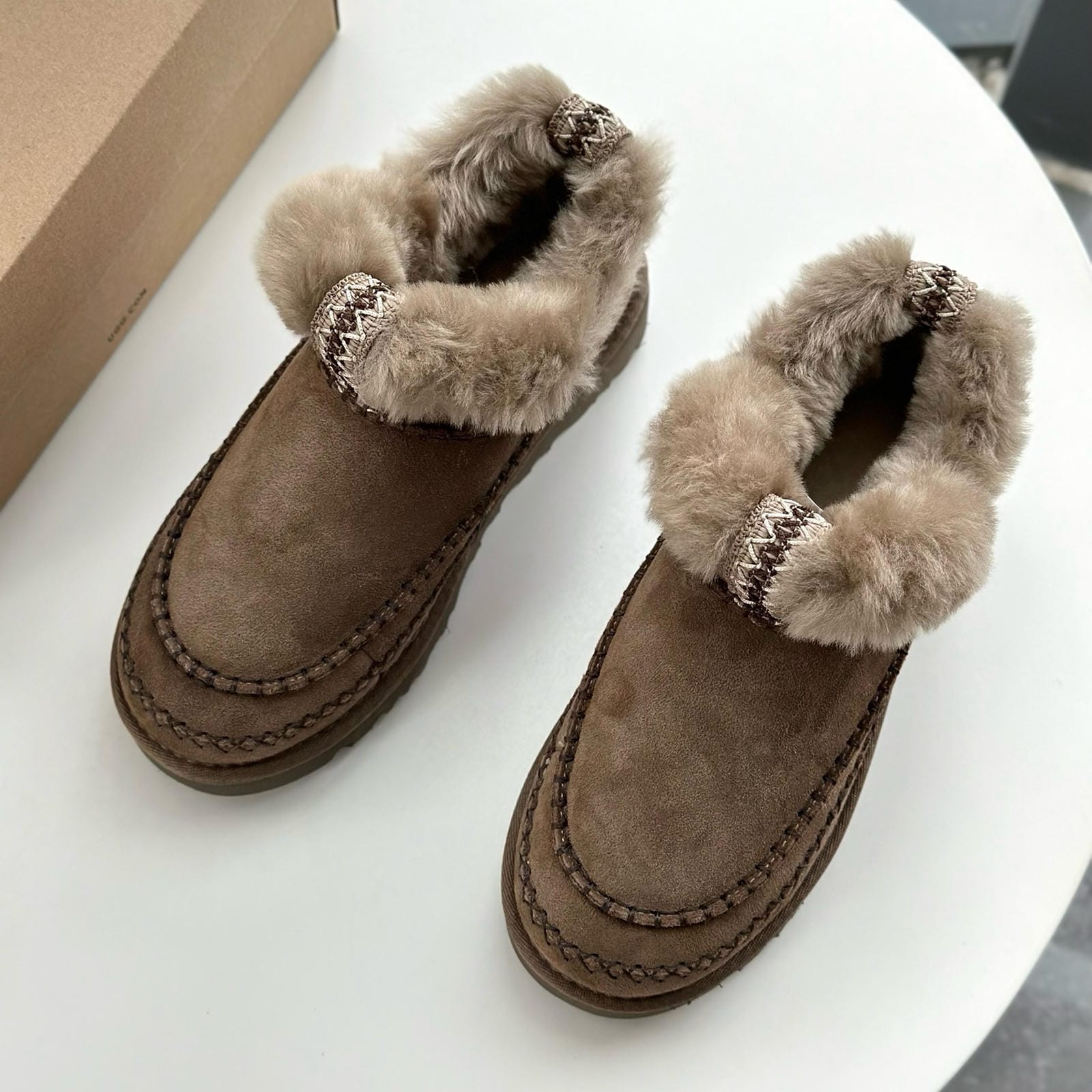 Real Wool Fur Lined Platform Boot Women's Slip-On Sheepskin Boots Anti-Slip Thick Sole Winter Footwear