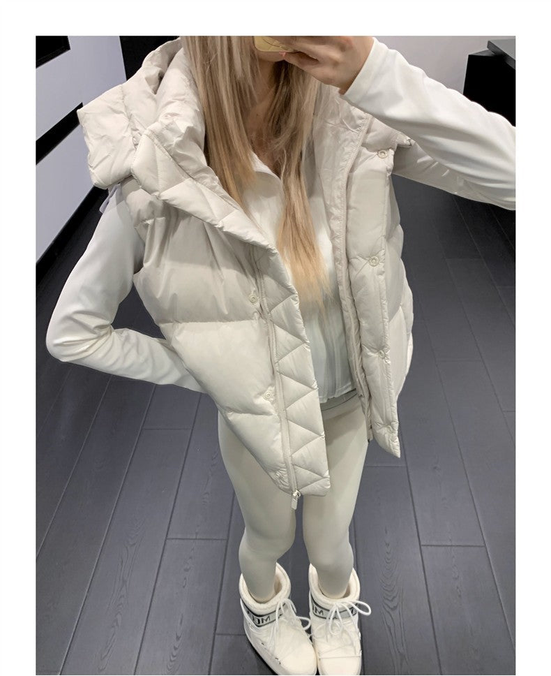 Winter Wund Puff Duck Down Four-Grid Vest Down Jacket Puff Hooded Short Coat for Women
