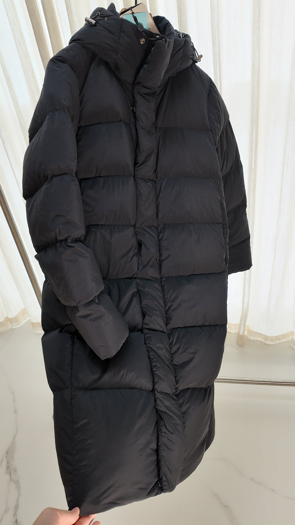 Long Duck Down Jacket With 7  horizontal baffles Hooded Warm Puffy Unisex Women Black White Grey Easy Clean 850FP model2360