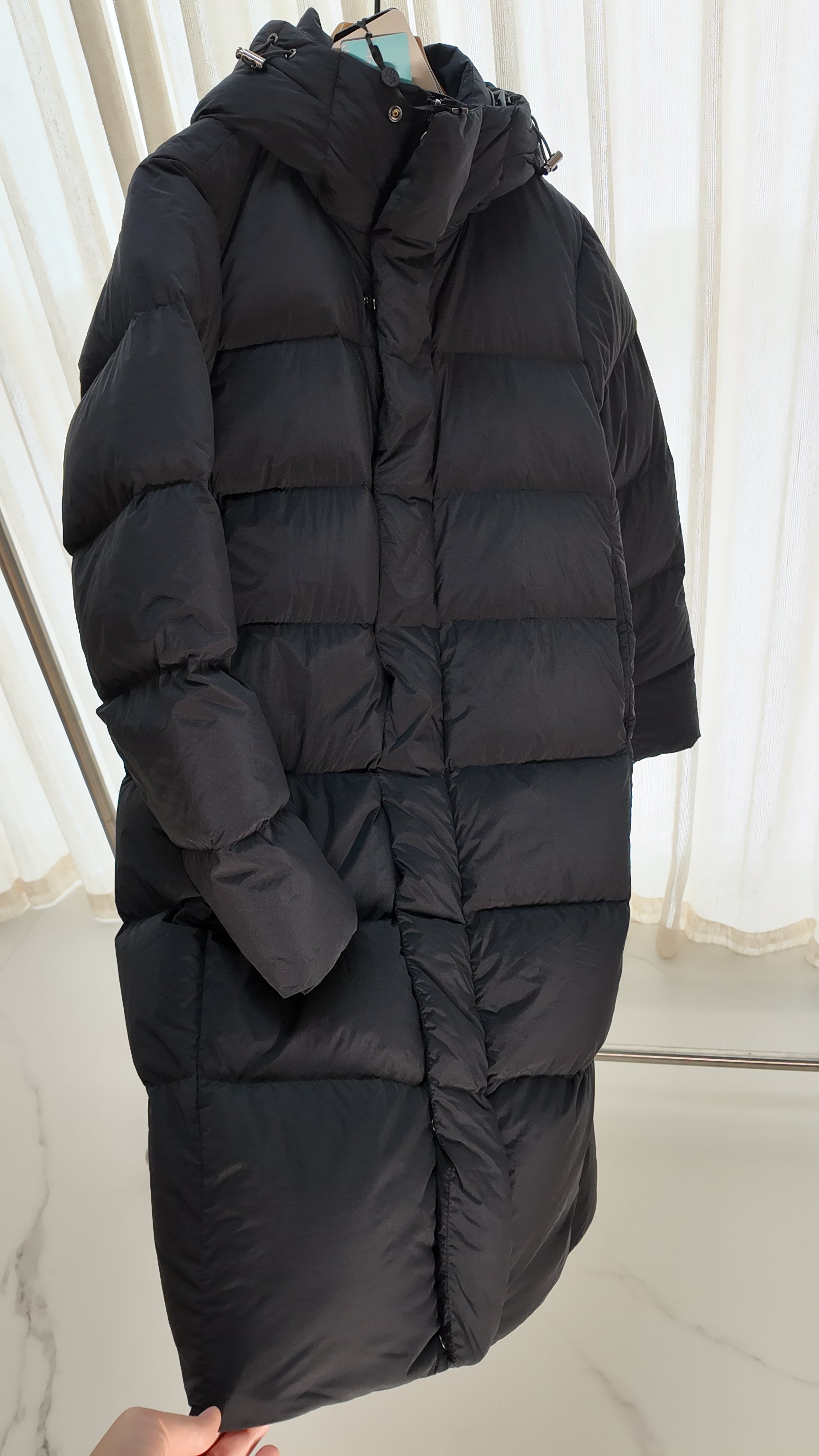 Long Duck Down Jacket With 7  horizontal baffles Hooded Warm Puffy Unisex Women Black White Grey Easy Clean 850FP model2360