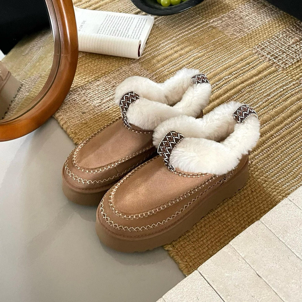 Real Wool Fur Lined Platform Boot Women's Slip-On Sheepskin Boots Anti-Slip Thick Sole Winter Footwear