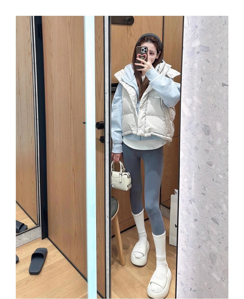 Winter Wund Puff Duck Down Four-Grid Vest Down Jacket Puff Hooded Short Coat for Women