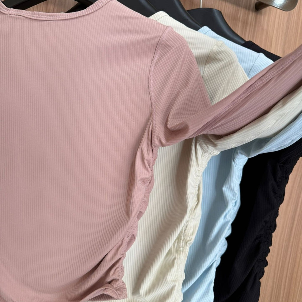 All it takes Threaded Long Sleeve Yoga Sports T T-shirt Fitness High Waist Pleated Slim Top