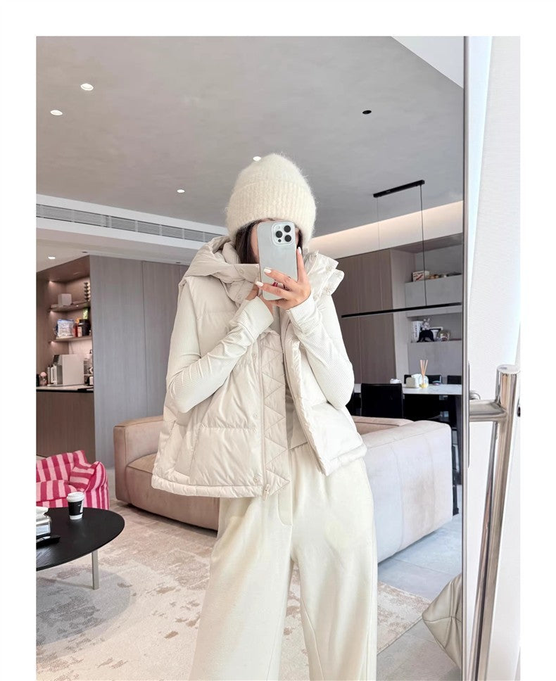 Winter Wund Puff Duck Down Four-Grid Vest Down Jacket Puff Hooded Short Coat for Women