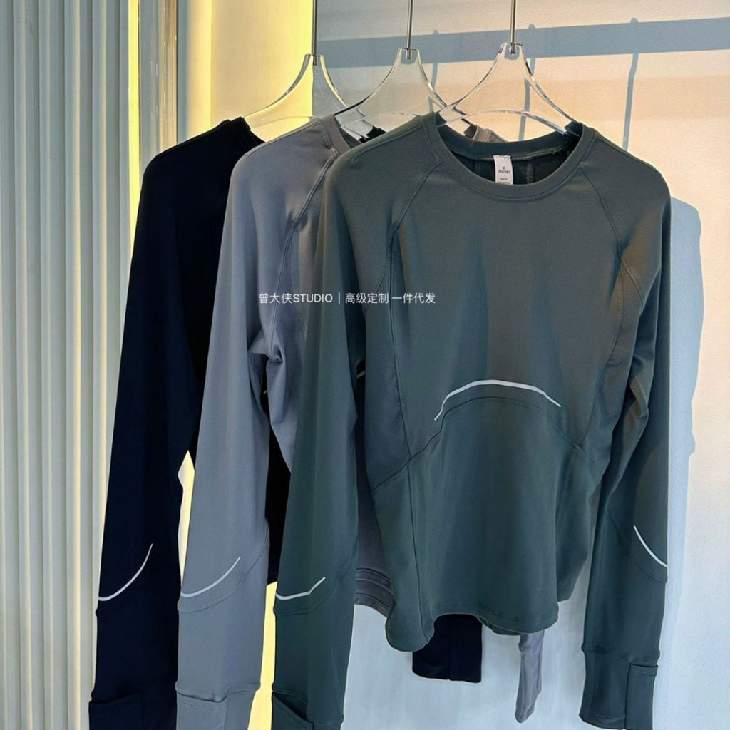 *lulu Same Style Rulu Reflective strip long sleeve T Shirt Quick-Dry Breathable Fitness Round Neck Slim Fit Yoga Top Slimming Shirt