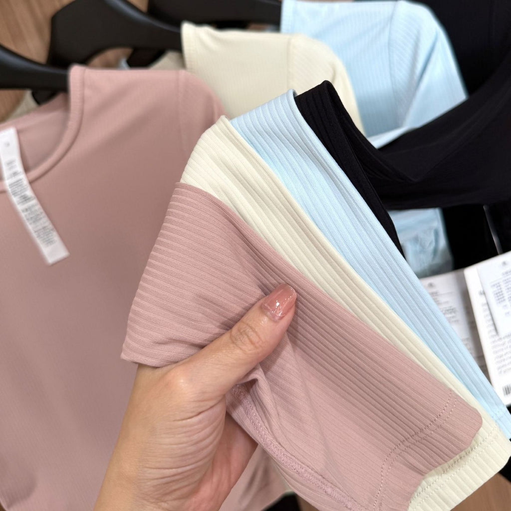 All it takes Threaded Long Sleeve Yoga Sports T T-shirt Fitness High Waist Pleated Slim Top