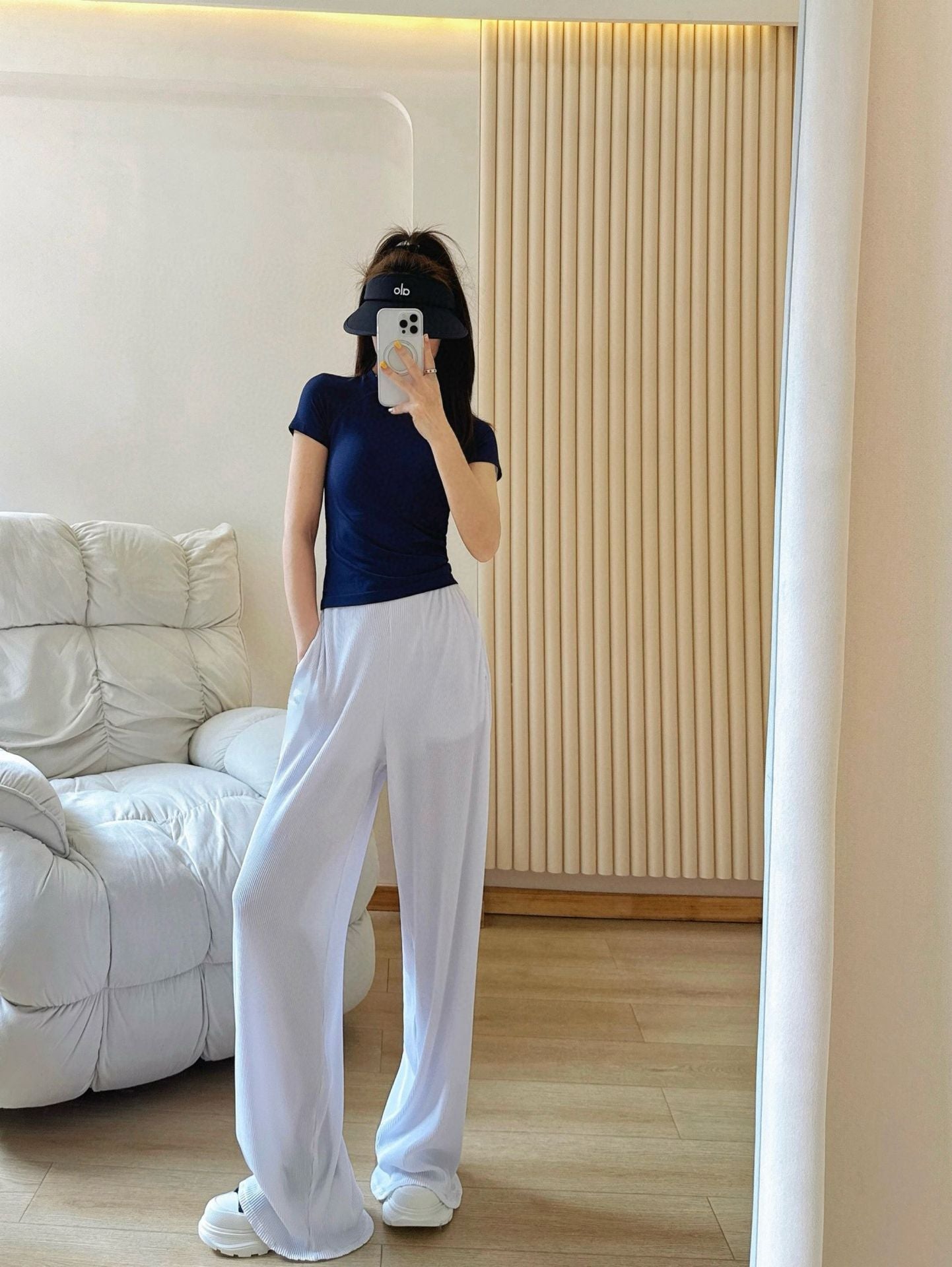 *Alo Higt Waist High Waist Organ Pleated Wide Leg Pants Soft Loose Slimming Pants Casual Lazy Floor Length