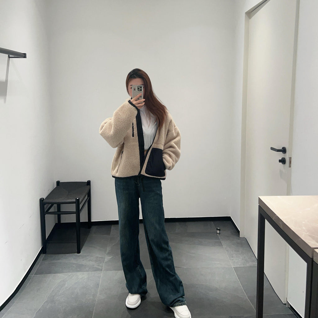 Women's Color Block Lamb Sherpa Fleece Jacket Stand Collar & Hooded Design Full Zipper Closure Warm & Cozy Outerwear