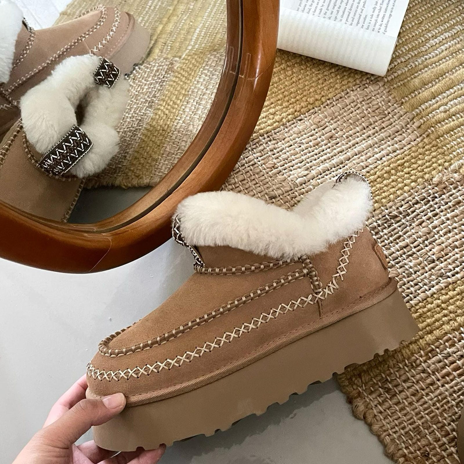 Real Wool Fur Lined Platform Boot Women's Slip-On Sheepskin Boots Anti-Slip Thick Sole Winter Footwear
