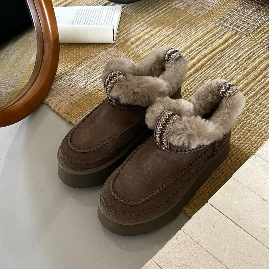 Real Wool Fur Lined Platform Boot Women's Slip-On Sheepskin Boots Anti-Slip Thick Sole Winter Footwear