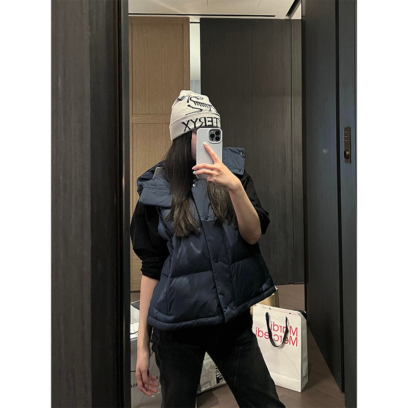 Winter Wund Puff Duck Down Four-Grid Vest Down Jacket Puff Hooded Short Coat for Women