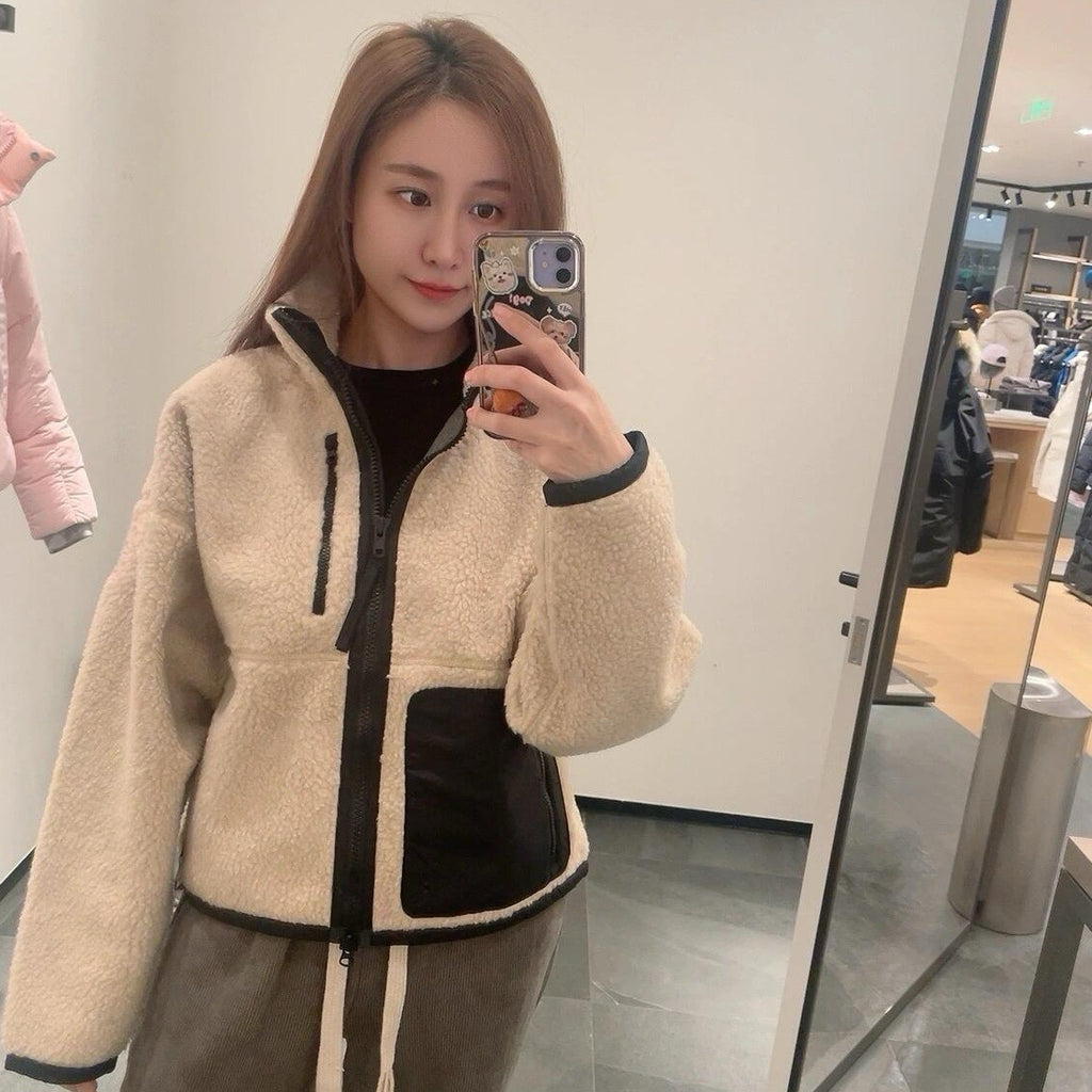 Women's Color Block Lamb Sherpa Fleece Jacket Stand Collar & Hooded Design Full Zipper Closure Warm & Cozy Outerwear