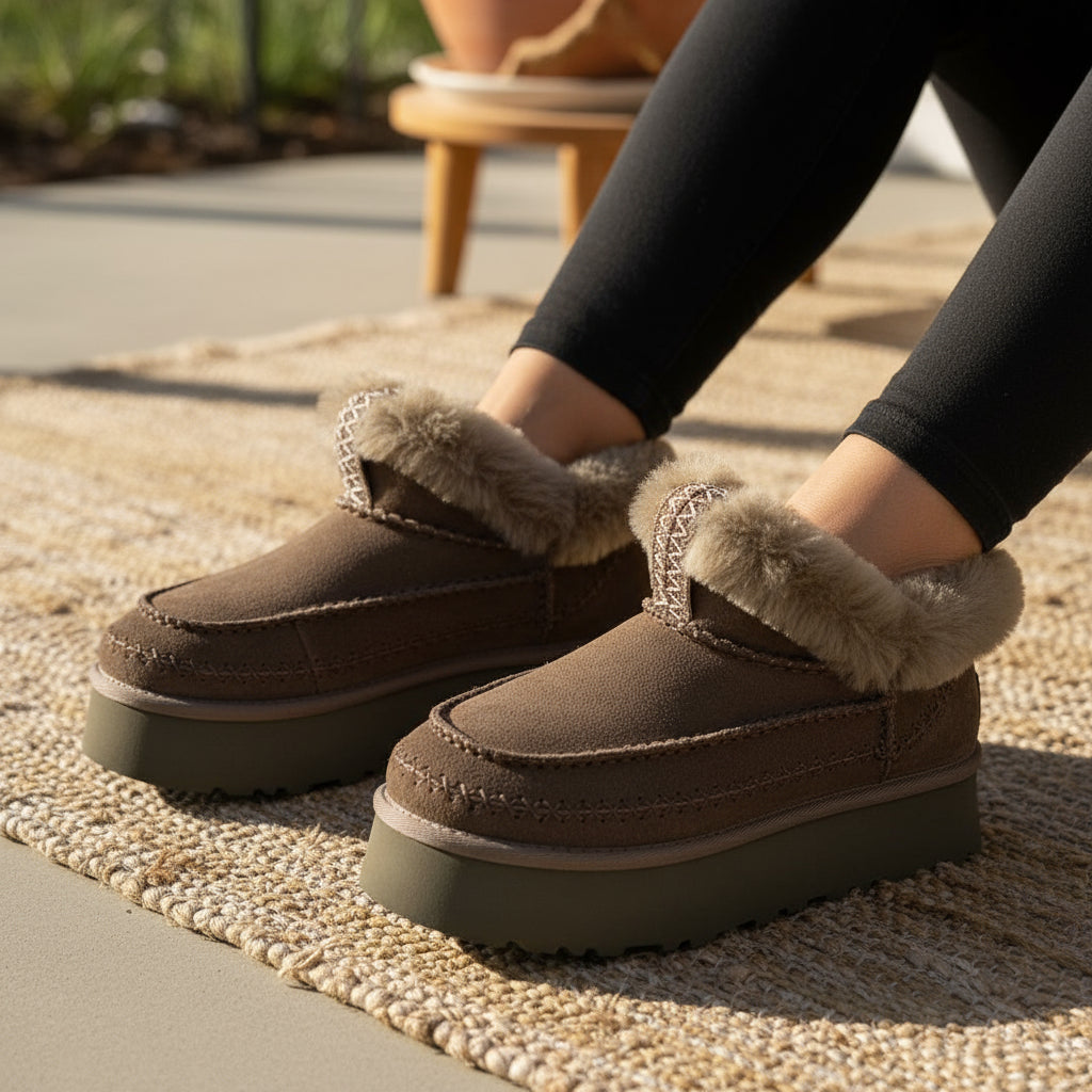 Real Wool Fur Lined Platform Boot Women's Slip-On Sheepskin Boots Anti-Slip Thick Sole Winter Footwear