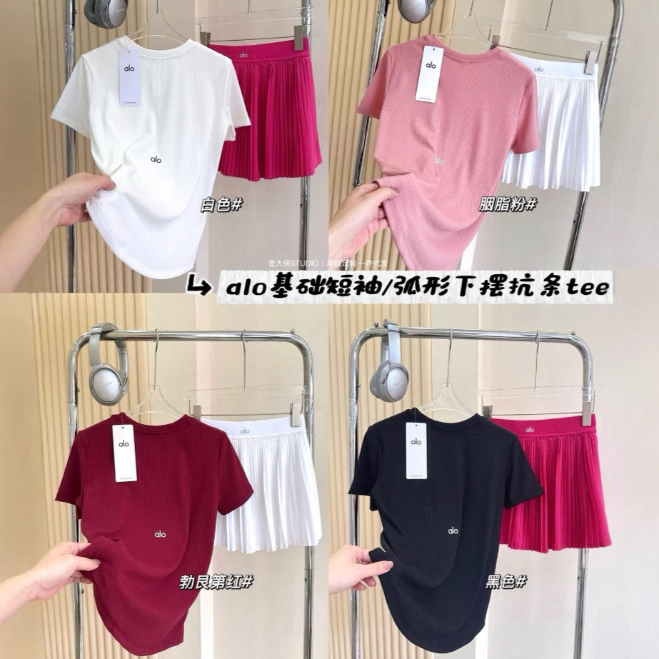 *Alo Curved Hem Short Sleeve25Summer Outdoor Casual Basic Anti-Stripe Versatile Breathable Round Neck Slimming T New T-shirt