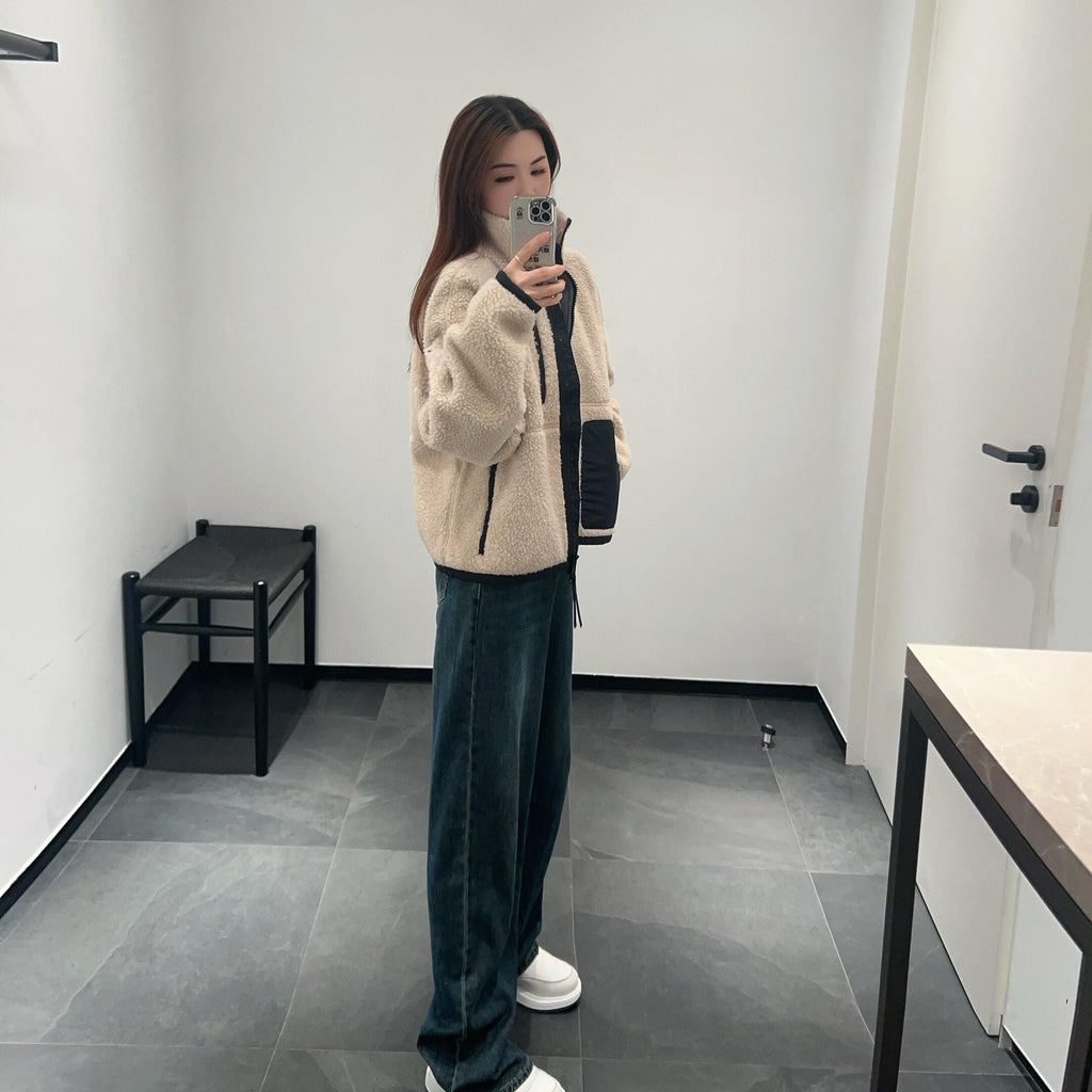 Women's Color Block Lamb Sherpa Fleece Jacket Stand Collar & Hooded Design Full Zipper Closure Warm & Cozy Outerwear