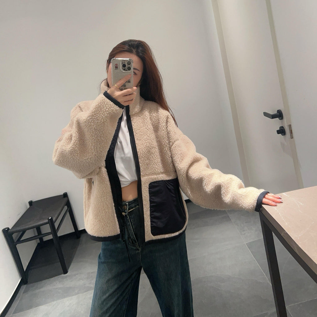 Women's Color Block Lamb Sherpa Fleece Jacket Stand Collar & Hooded Design Full Zipper Closure Warm & Cozy Outerwear