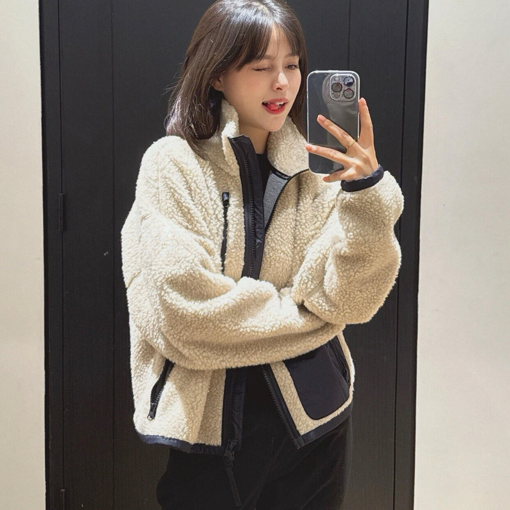 Women's Color Block Lamb Sherpa Fleece Jacket Stand Collar & Hooded Design Full Zipper Closure Warm & Cozy Outerwear