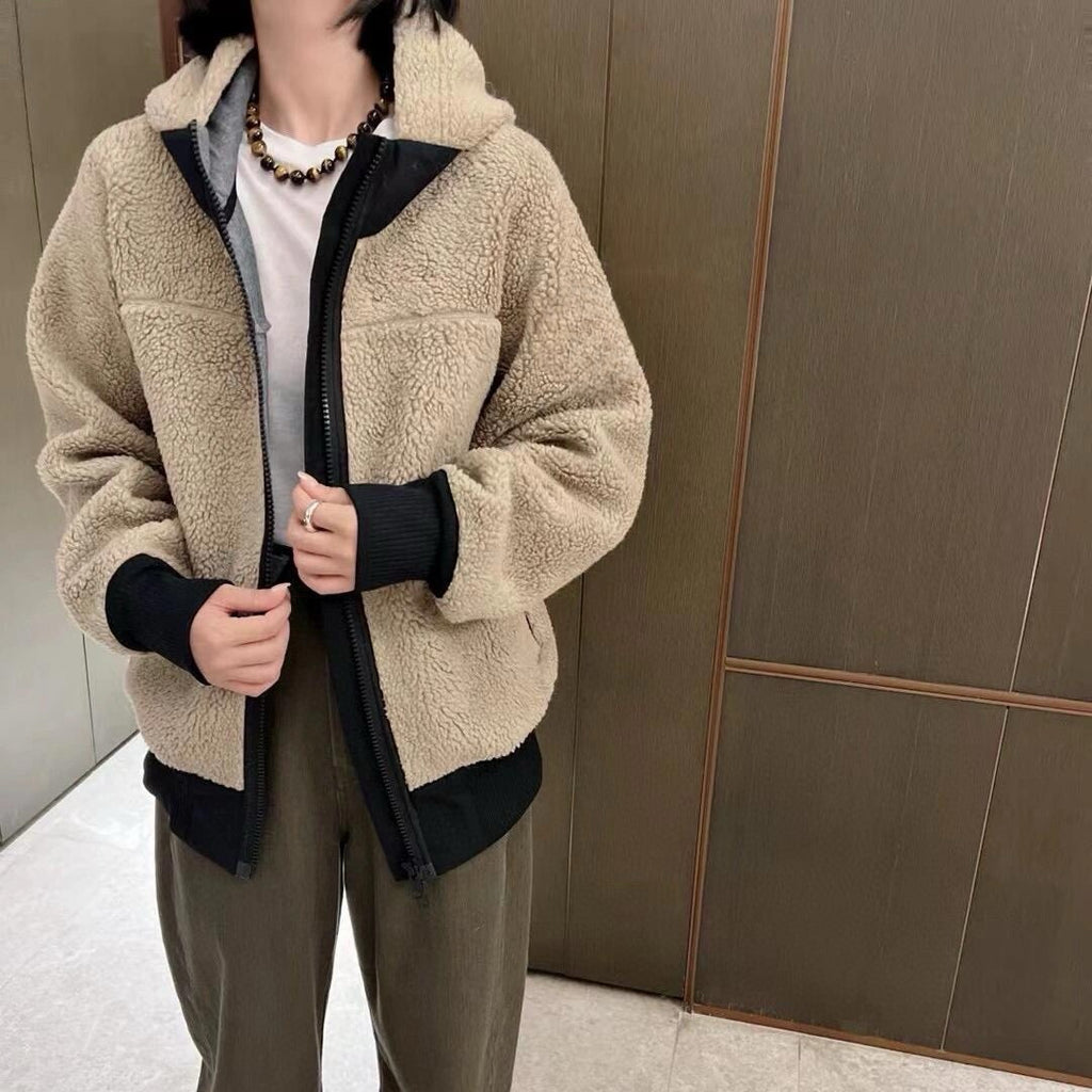 Women's Color Block Lamb Sherpa Fleece Jacket Stand Collar & Hooded Design Full Zipper Closure Warm & Cozy Outerwear