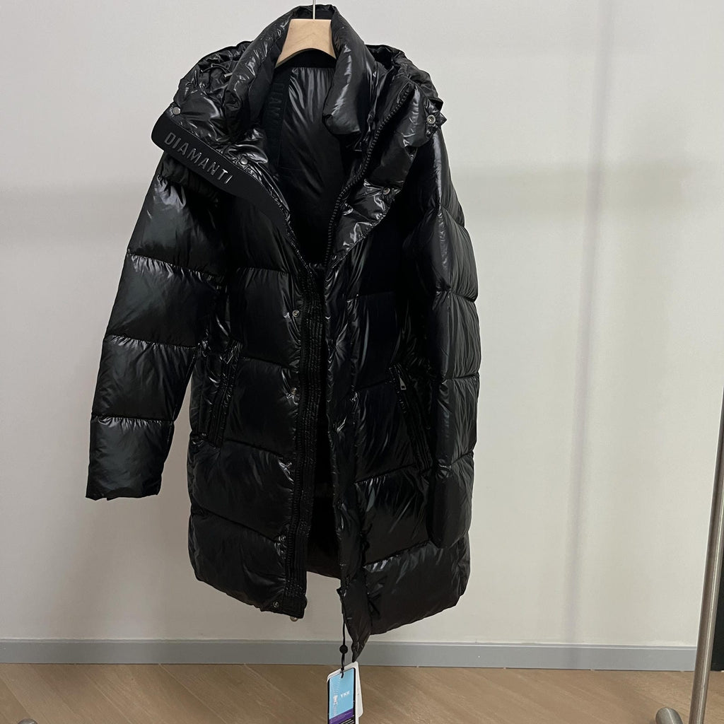 Long Duck Down Jacket With  6 horizontal baffles Hooded 850FP Warm Puffy Unisex Black Pocket Woman Man Easy Clean model 2323