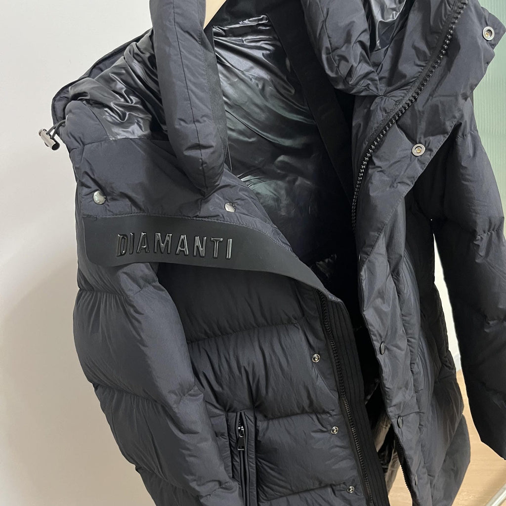 Long Duck Down Jacket With  6 horizontal baffles Hooded 850FP Warm Puffy Unisex Black Pocket Woman Man Easy Clean model 2323