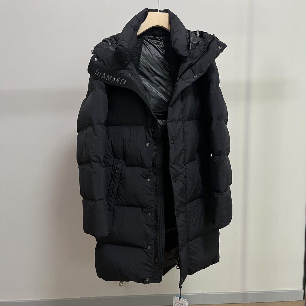 Long Duck Down Jacket With  6 horizontal baffles Hooded 850FP Warm Puffy Unisex Black Pocket Woman Man Easy Clean model 2323