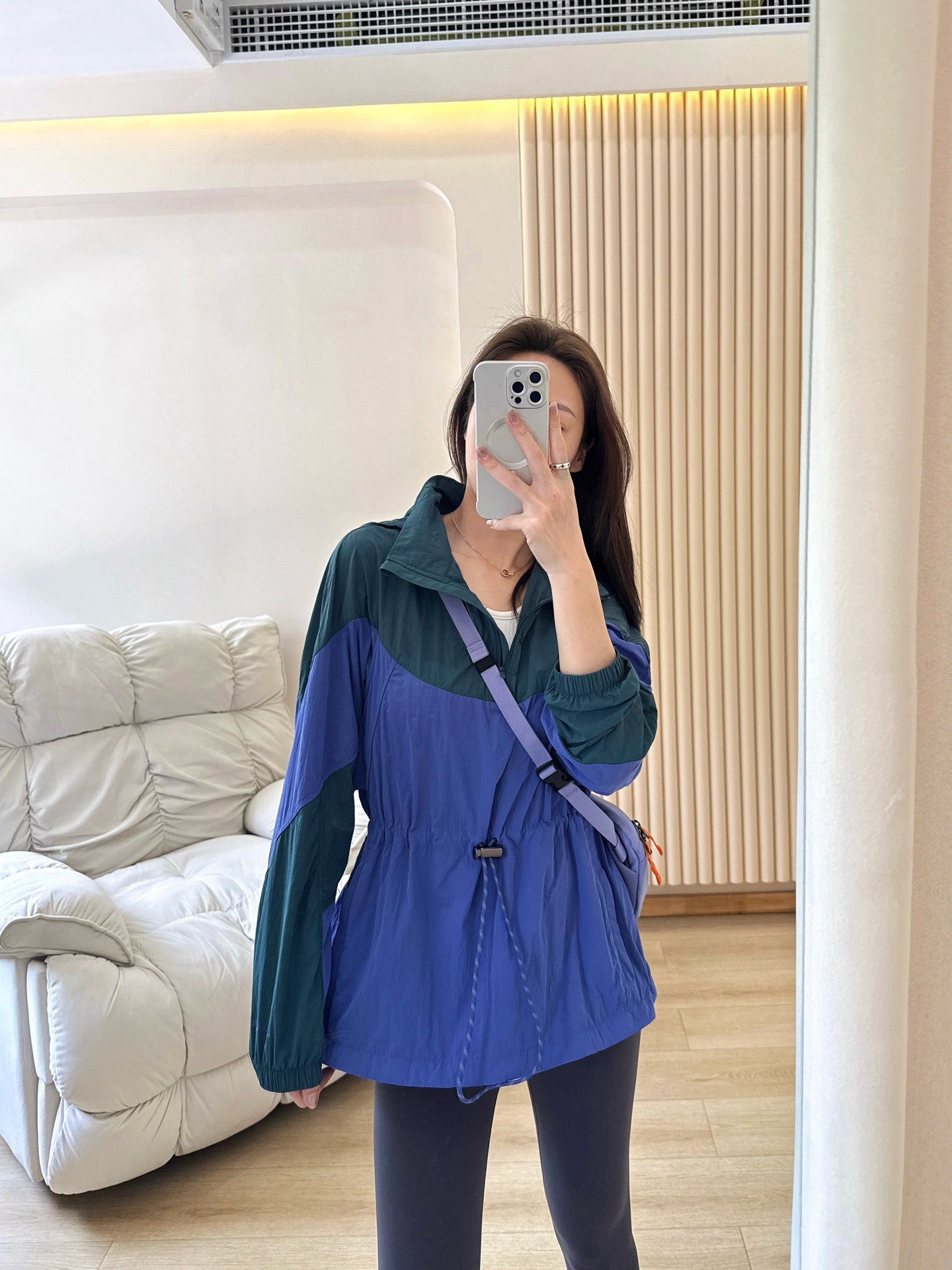 Women's Evergreen Woven Color Block Jacket Cinch Waist Slimming Outdoor Activewear Windbreaker Covers Hips sun- protective jacket Outdoor Running Camping Hiking Windbreaker Premium Quality