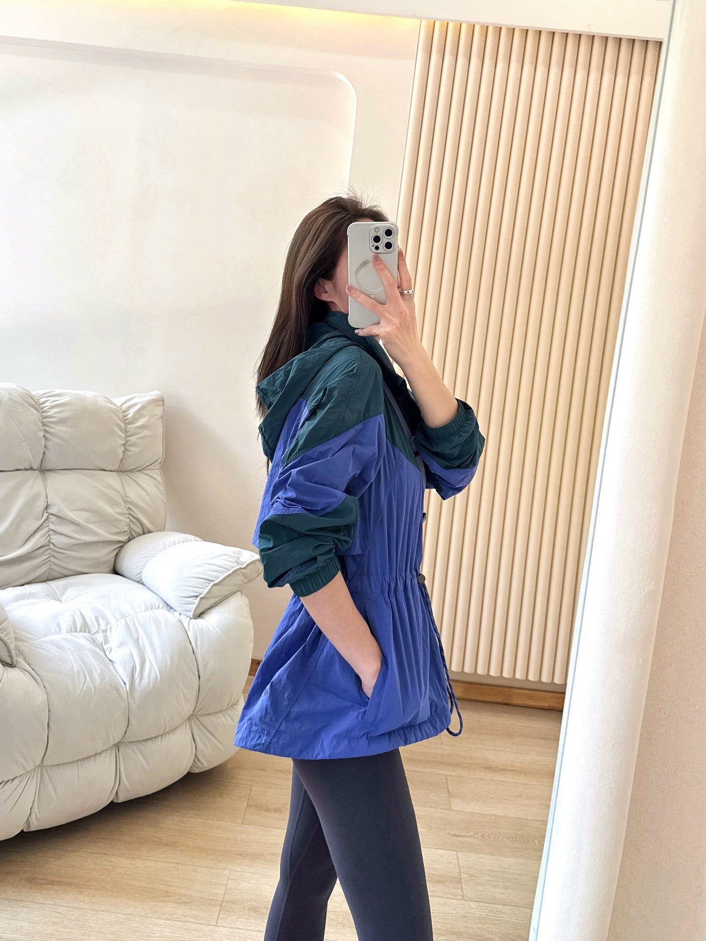 Women's Evergreen Woven Color Block Jacket Cinch Waist Slimming Outdoor Activewear Windbreaker Covers Hips sun- protective jacket Outdoor Running Camping Hiking Windbreaker Premium Quality