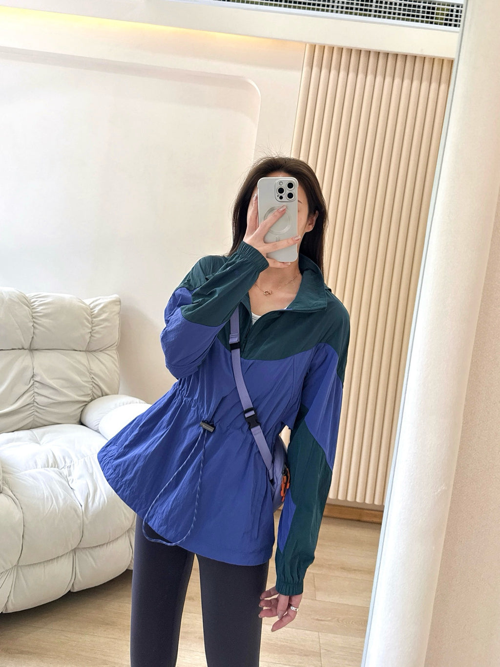 Women's Evergreen Woven Color Block Jacket Cinch Waist Slimming Outdoor Activewear Windbreaker Covers Hips sun- protective jacket Outdoor Running Camping Hiking Windbreaker Premium Quality