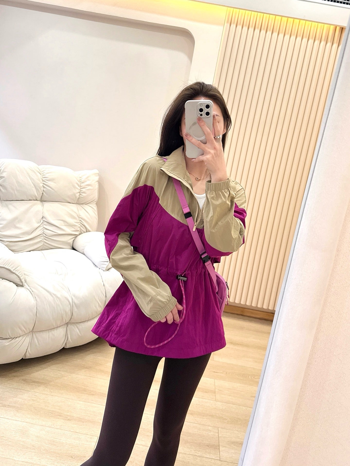 Women's Evergreen Woven Color Block Jacket Cinch Waist Slimming Outdoor Activewear Windbreaker Covers Hips sun- protective jacket Outdoor Running Camping Hiking Windbreaker Premium Quality