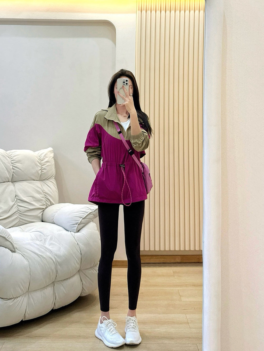 Women's Evergreen Woven Color Block Jacket Cinch Waist Slimming Outdoor Activewear Windbreaker Covers Hips sun- protective jacket Outdoor Running Camping Hiking Windbreaker Premium Quality