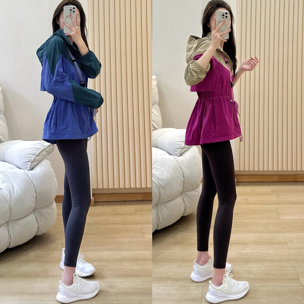 Women's Evergreen Woven Color Block Jacket Cinch Waist Slimming Outdoor Activewear Windbreaker Covers Hips sun- protective jacket Outdoor Running Camping Hiking Windbreaker Premium Quality