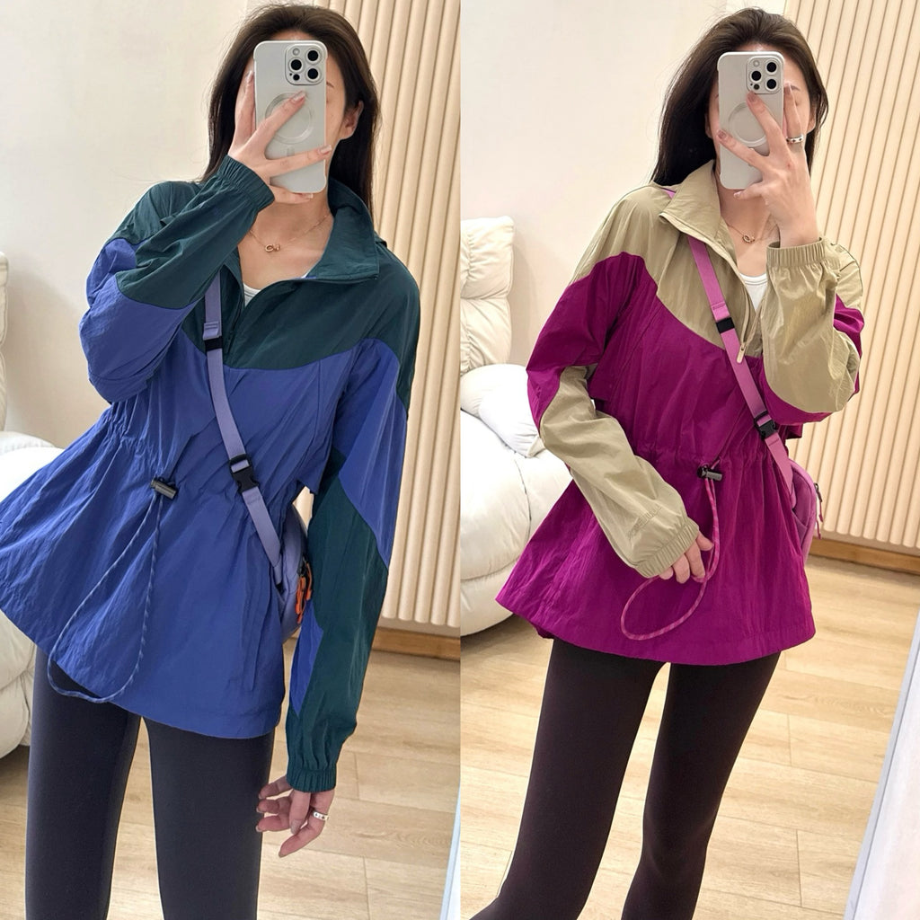 Women's Evergreen Woven Color Block Jacket Cinch Waist Slimming Outdoor Activewear Windbreaker Covers Hips sun- protective jacket Outdoor Running Camping Hiking Windbreaker Premium Quality