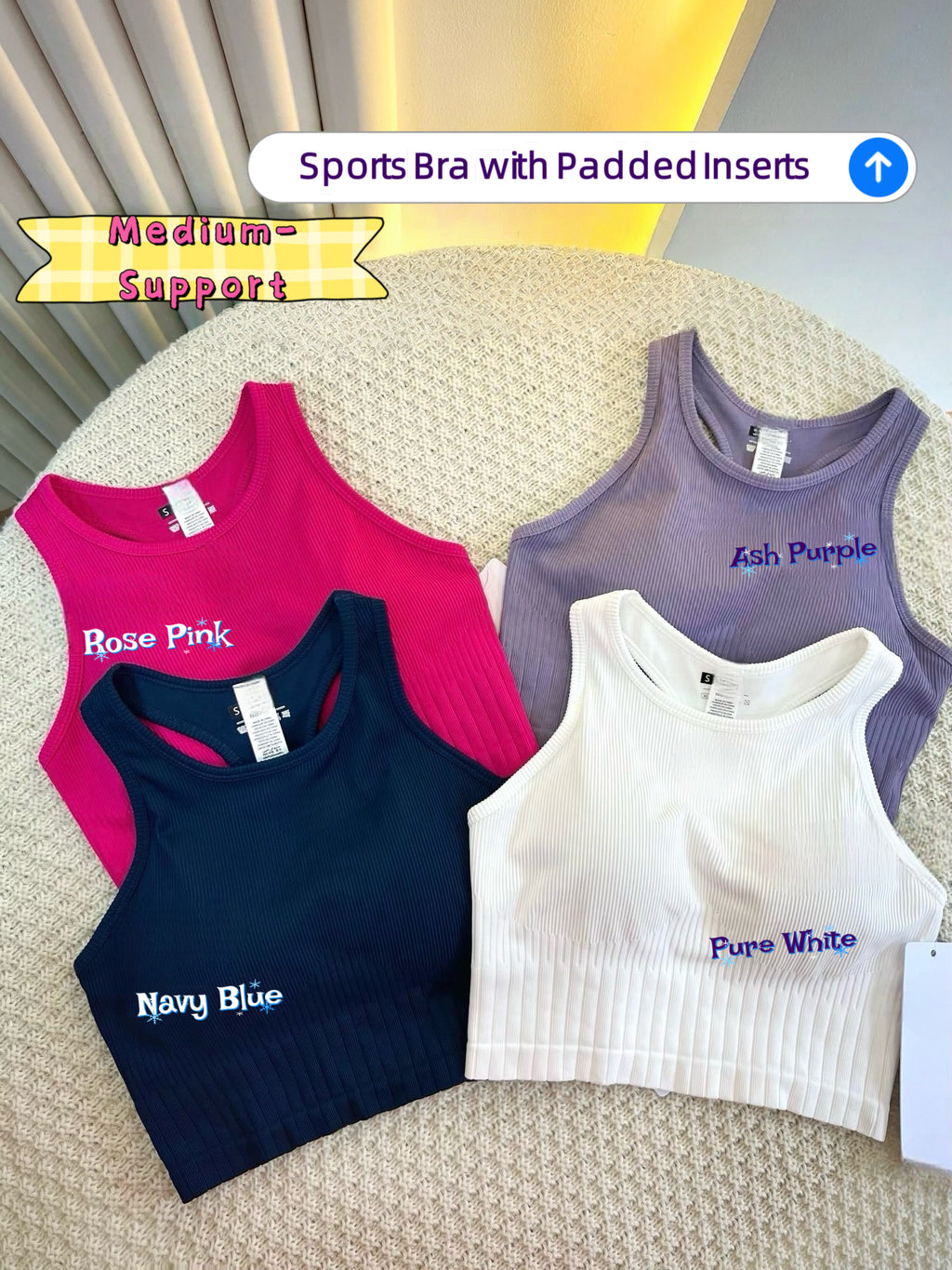 Sports Tank Tops Knitted Ribbed Chest Pad Medium Support  suitable for A to D cup sizes Casual Fitness Breathable Versatile Yoga Running Underwear