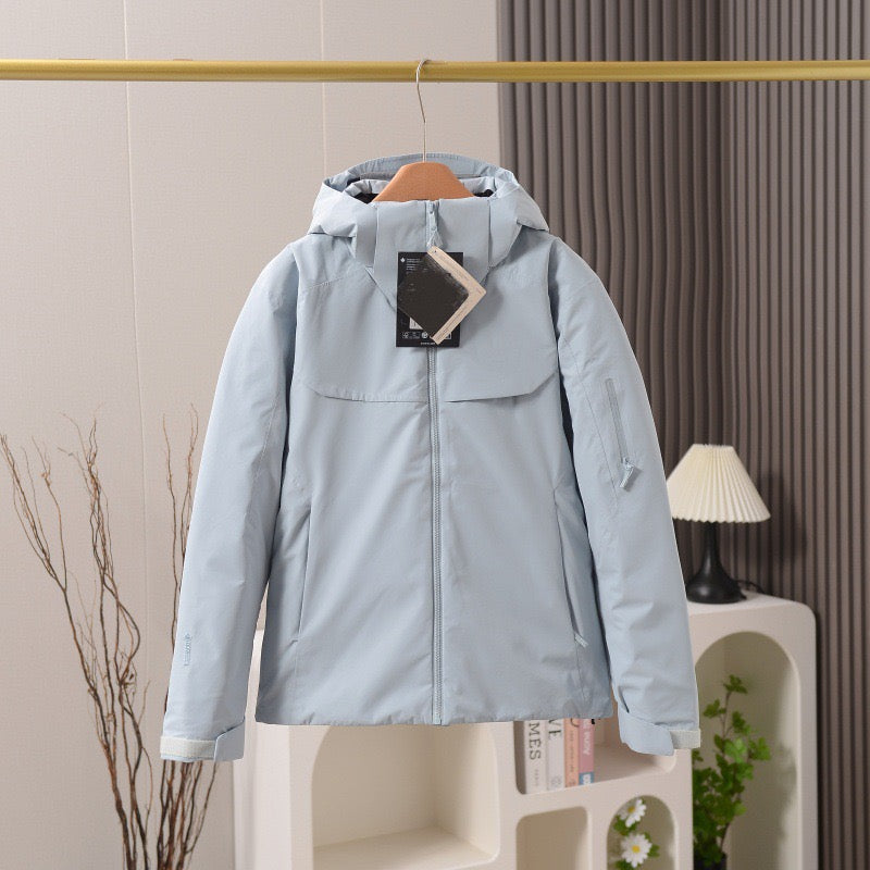 Unisex GORE-TEX Ski Down Jacket 750-Fill European Goose Down Waterproof Windproof Hooded Parka with Detachable Powder Skirt