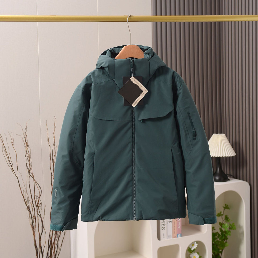 Unisex GORE-TEX Ski Down Jacket 750-Fill European Goose Down Waterproof Windproof Hooded Parka with Detachable Powder Skirt