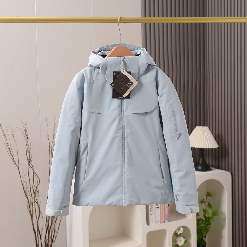 Unisex GORE-TEX Ski Down Jacket 750-Fill European Goose Down Waterproof Windproof Hooded Parka with Detachable Powder Skirt