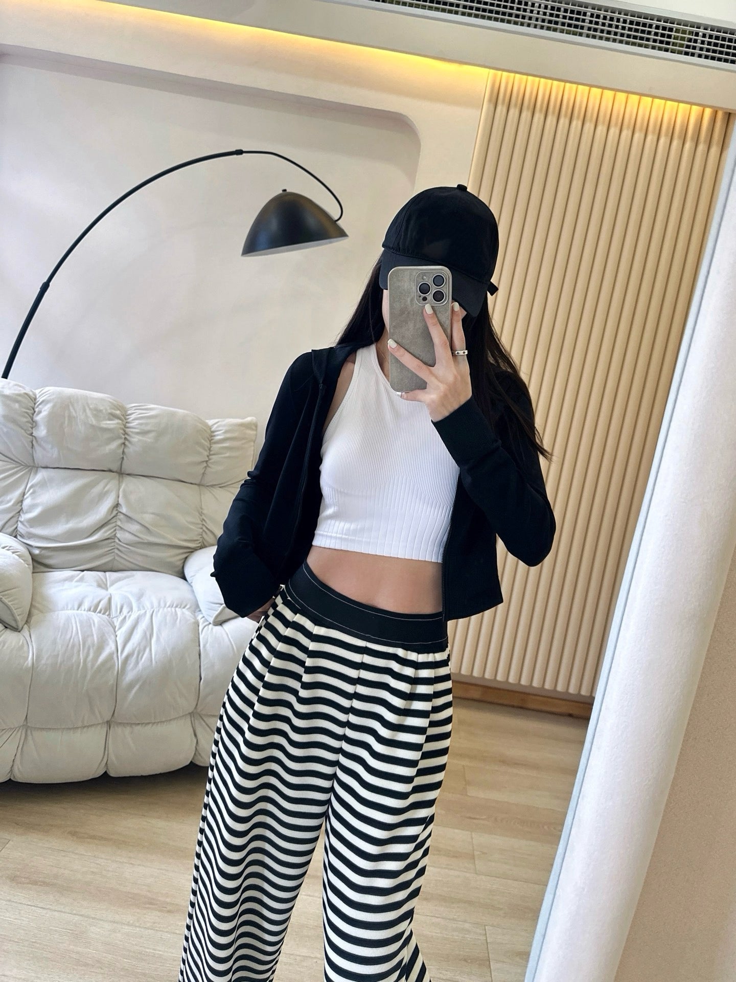 Yogo Effortless Chic Style Striped Wide-Leg Pants Draped Straight Knitted Slimming Versatile Elastic Waistband Casual Wide-Leg Pants