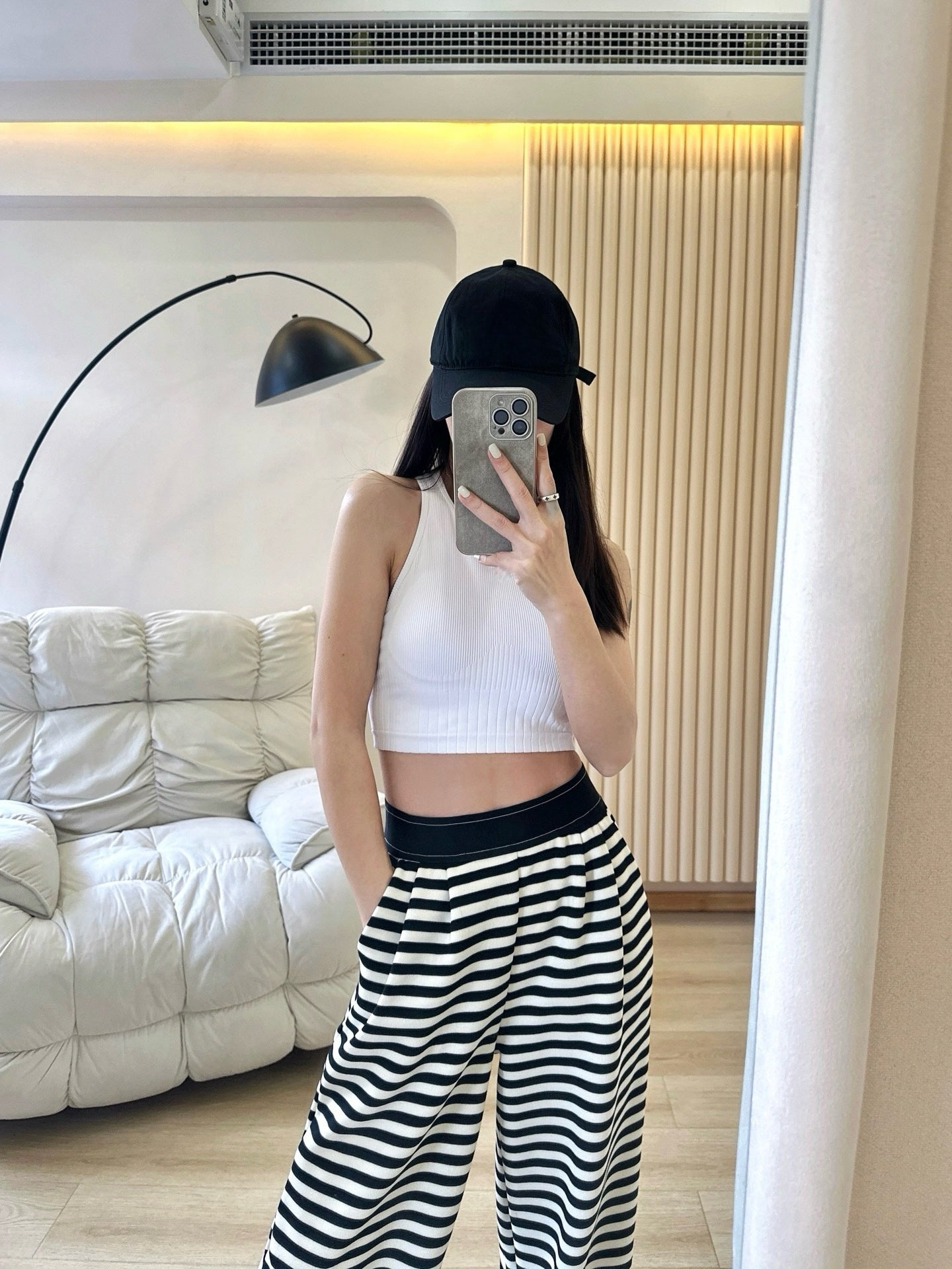 Yogo Effortless Chic Style Striped Wide-Leg Pants Draped Straight Knitted Slimming Versatile Elastic Waistband Casual Wide-Leg Pants