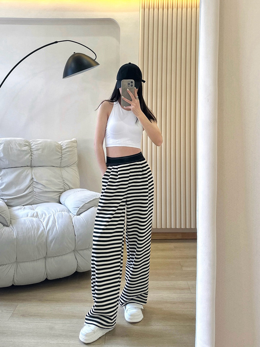 Yogo Effortless Chic Style Striped Wide-Leg Pants Draped Straight Knitted Slimming Versatile Elastic Waistband Casual Wide-Leg Pants