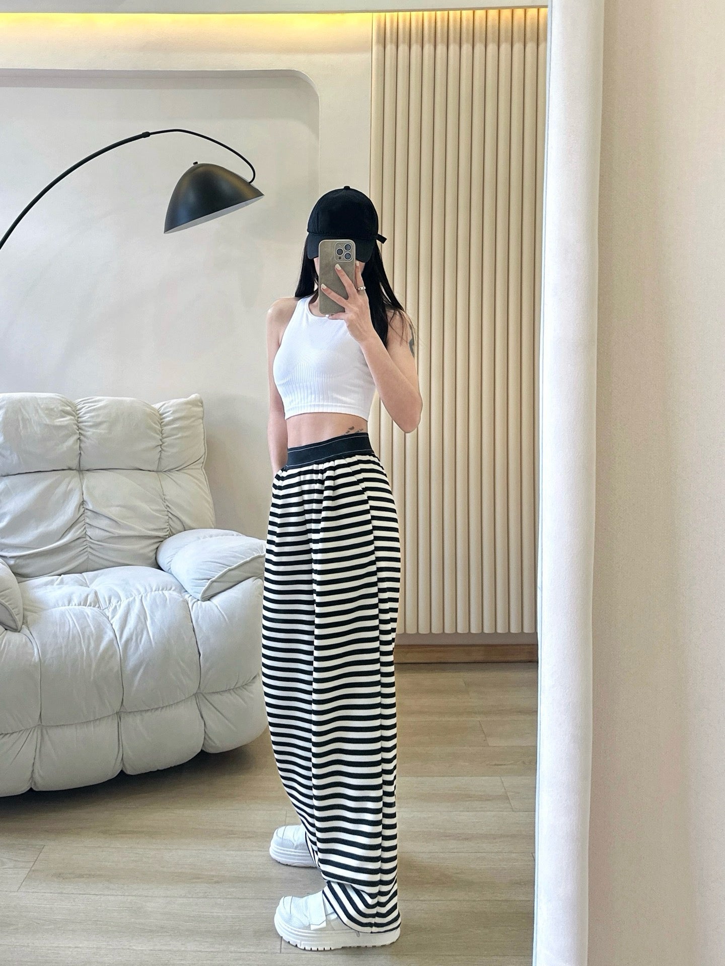 Yogo Effortless Chic Style Striped Wide-Leg Pants Draped Straight Knitted Slimming Versatile Elastic Waistband Casual Wide-Leg Pants