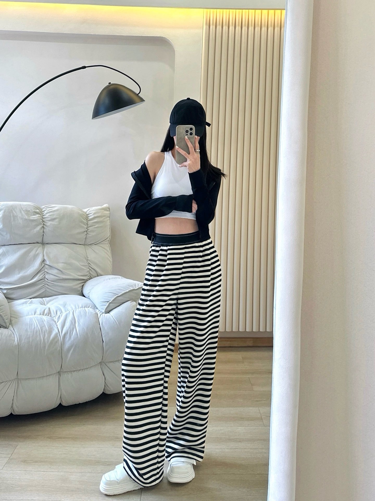 Yogo Effortless Chic Style Striped Wide-Leg Pants Draped Straight Knitted Slimming Versatile Elastic Waistband Casual Wide-Leg Pants