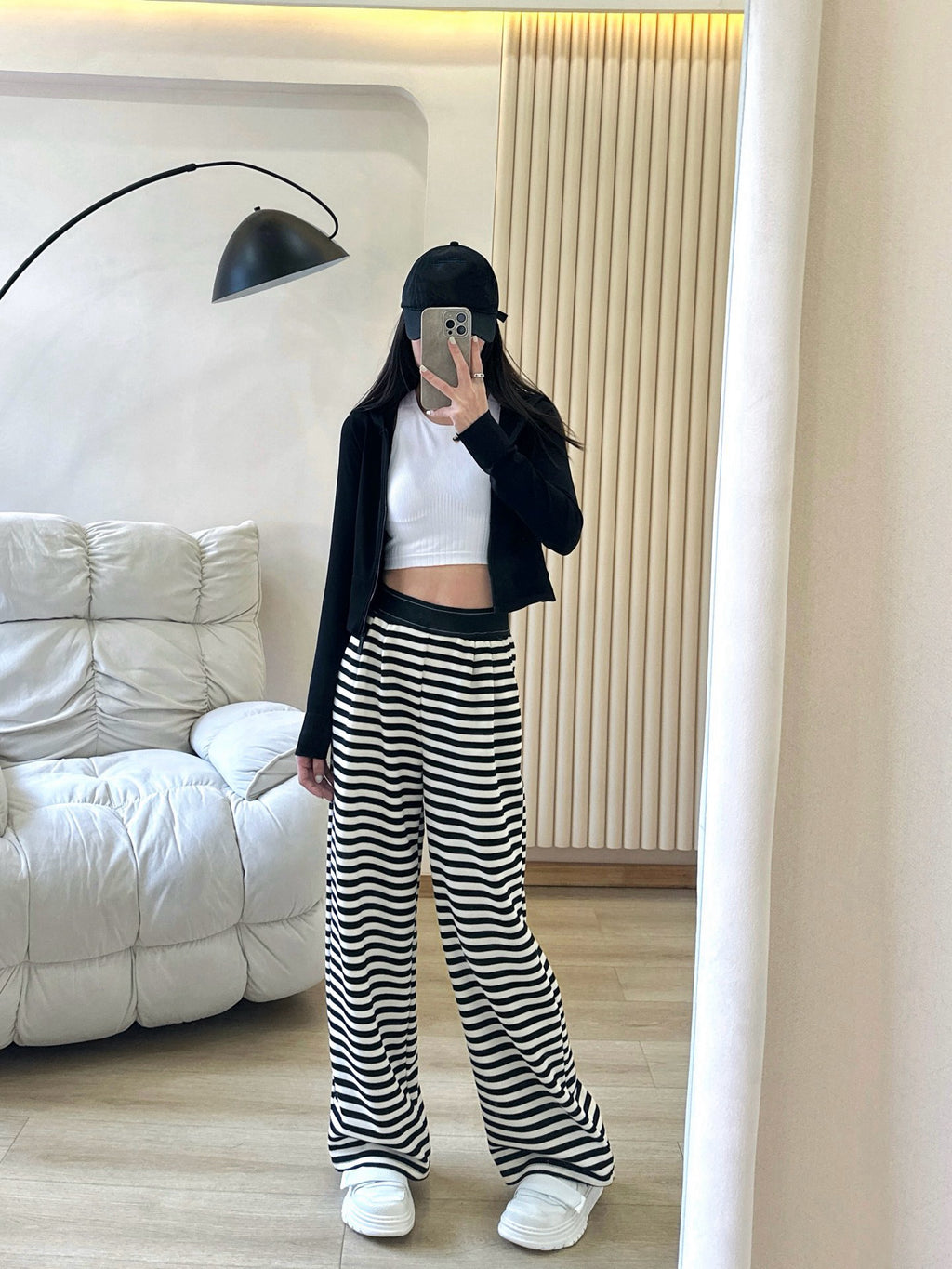 Yogo Effortless Chic Style Striped Wide-Leg Pants Draped Straight Knitted Slimming Versatile Elastic Waistband Casual Wide-Leg Pants