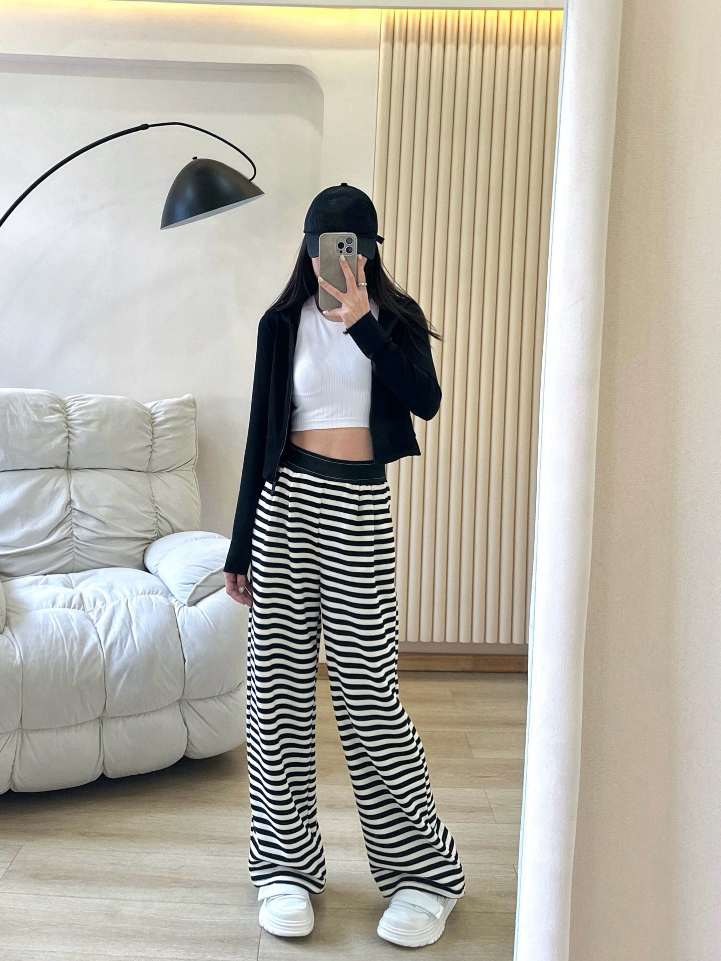 Yogo Effortless Chic Style Striped Wide-Leg Pants Draped Straight Knitted Slimming Versatile Elastic Waistband Casual Wide-Leg Pants