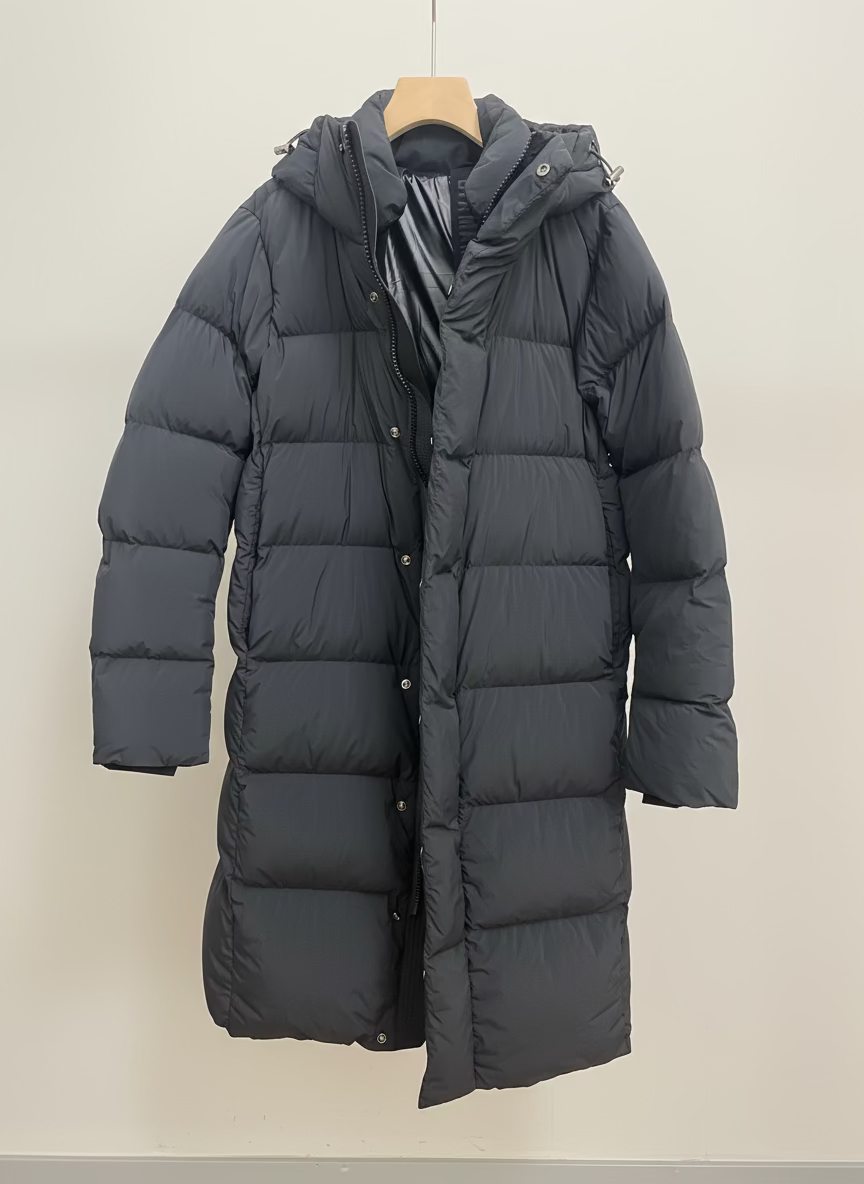 Long Duck Down Jacket With 7  horizontal baffles Hooded Warm Puffy Unisex Women Black White Grey Easy Clean 850FP model2360