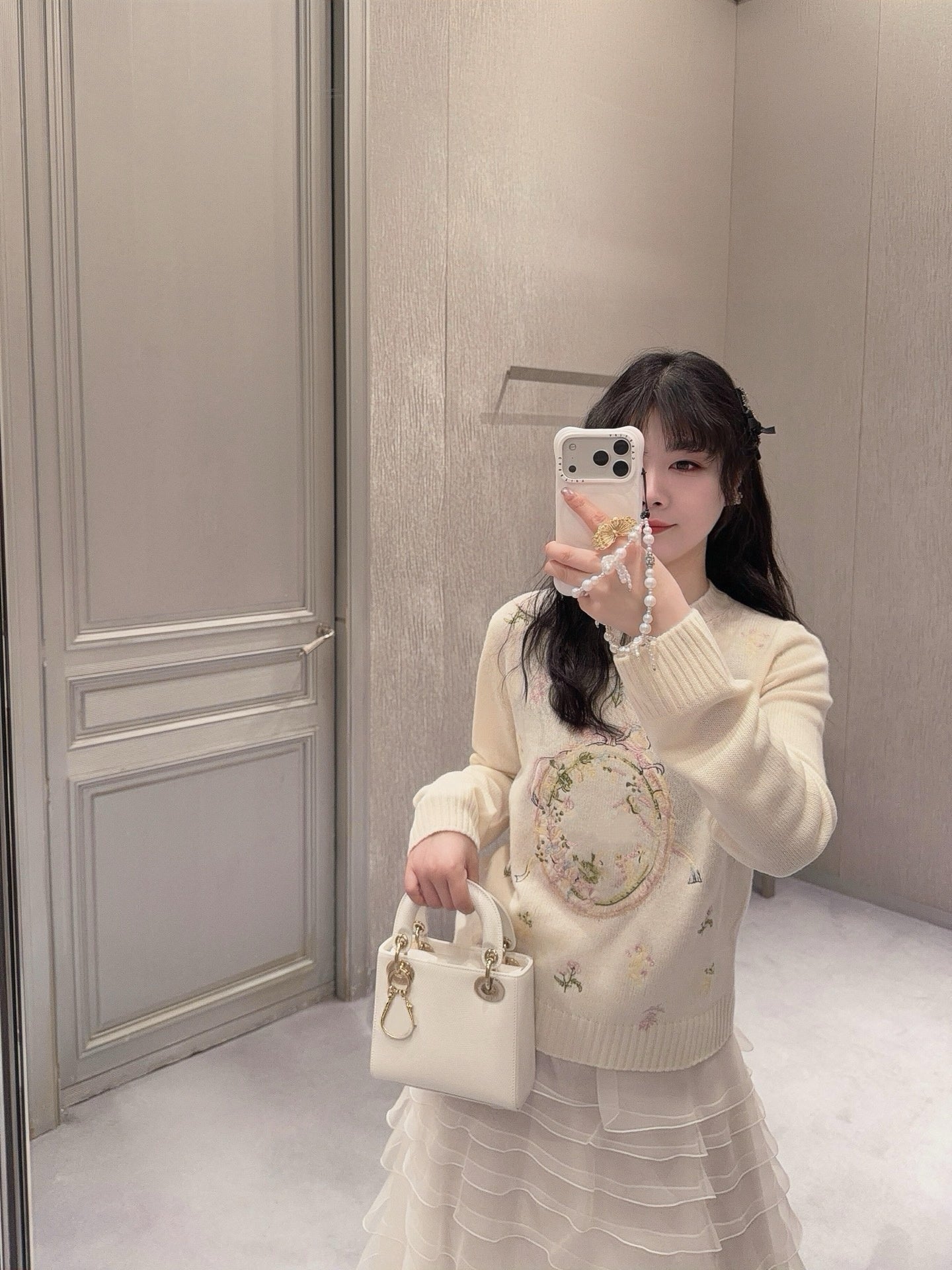 Artisanal Floral Embroidery Cashmere Set: Long/Short Sleeve Knit Top + Classic White Straight-Leg Jeans - Premium 97% Cashmere & 100% Cotton