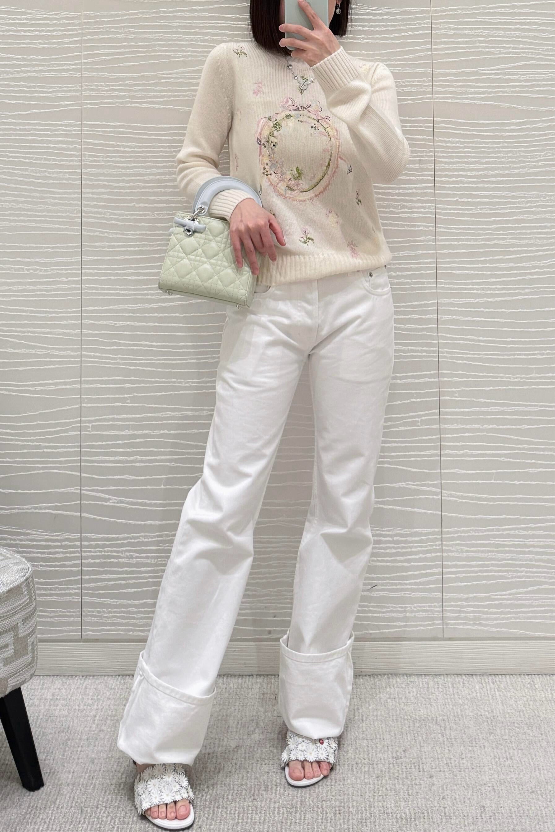 Artisanal Floral Embroidery Cashmere Set: Long/Short Sleeve Knit Top + Classic White Straight-Leg Jeans - Premium 97% Cashmere & 100% Cotton