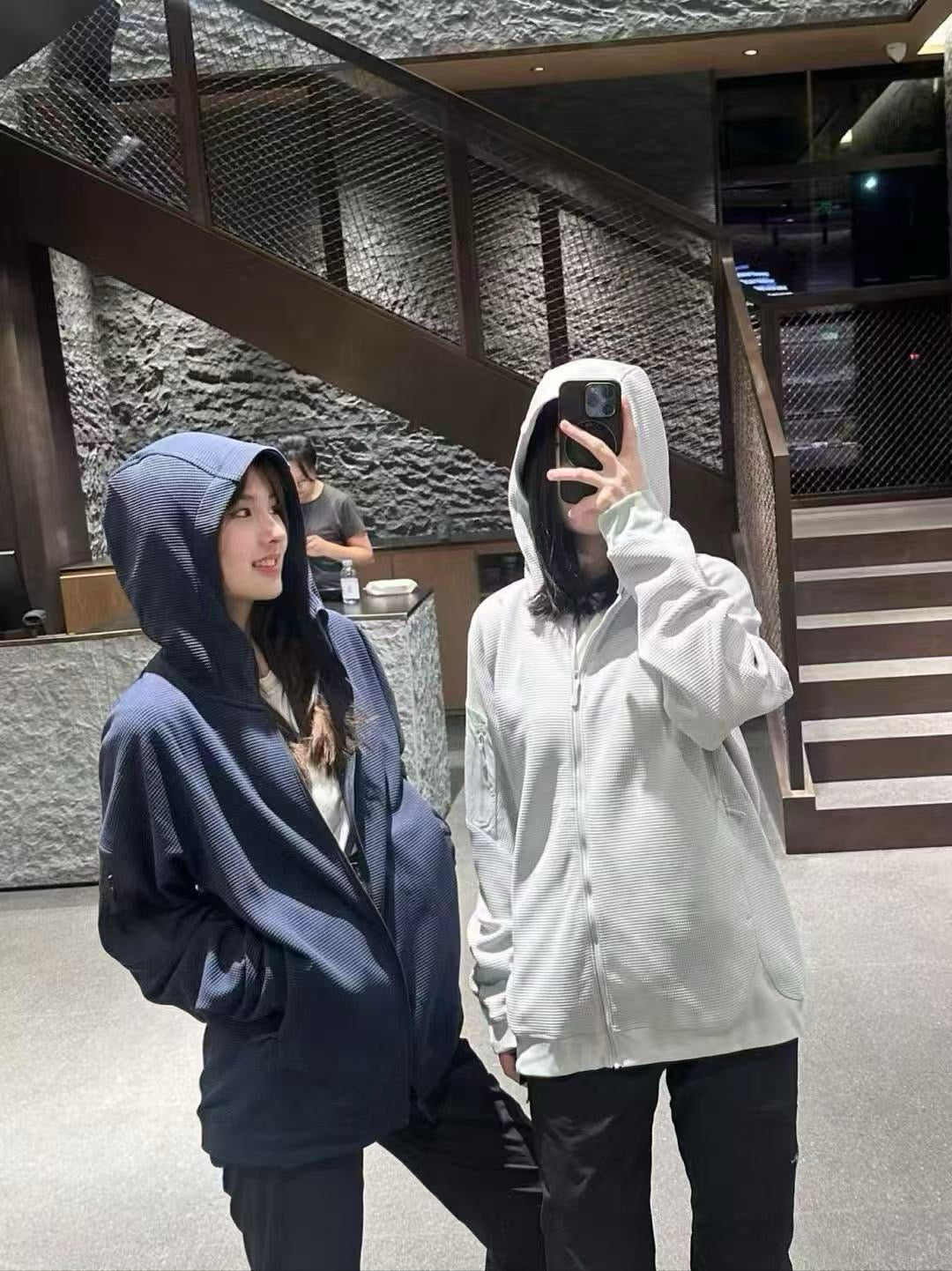 Waffle Knit Hooded Jacket - Unisex Breathable Mid-Layer Hoodie with Zippered Sleeve Pocket &amp; Embroidered Logo - Lightweight Outdoor Performance Gear