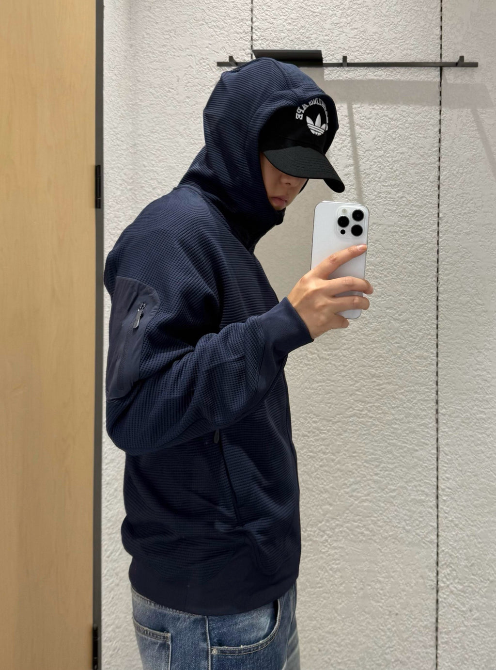 Waffle Knit Hooded Jacket - Unisex Breathable Mid-Layer Hoodie with Zippered Sleeve Pocket &amp; Embroidered Logo - Lightweight Outdoor Performance Gear