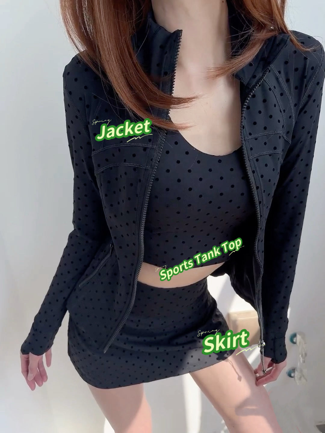 Women's Fitted Yoga Jacket Leggings Tank Top Flared Pants Skirt  Hooded JacketBlack Polka Dot Stretchy Breathable Activewear